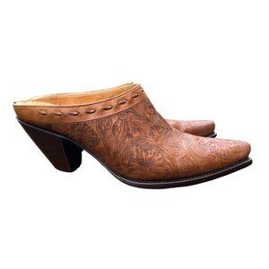 Charlie 1 Horse Lucchese Brown Tooled Leather Western Cuban Heel Mules 7…